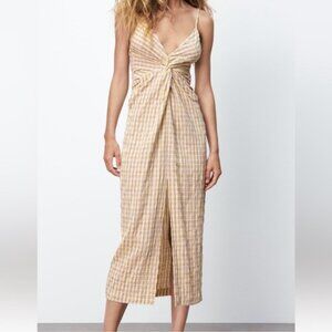 Zara Gingham Knot Front Midi Dress L Black White Adjustable Straps Slit BNWT
